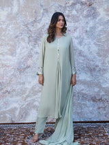 SAGE GREEN MIRROR EMBELLISHED CHINNON SILK A-LINE KURTA SET WITH PANTS & DUPATTA