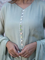 SAGE GREEN MIRROR EMBELLISHED CHINNON SILK A-LINE KURTA SET WITH PANTS & DUPATTA