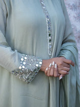 SAGE GREEN MIRROR EMBELLISHED CHINNON SILK A-LINE KURTA SET WITH PANTS & DUPATTA