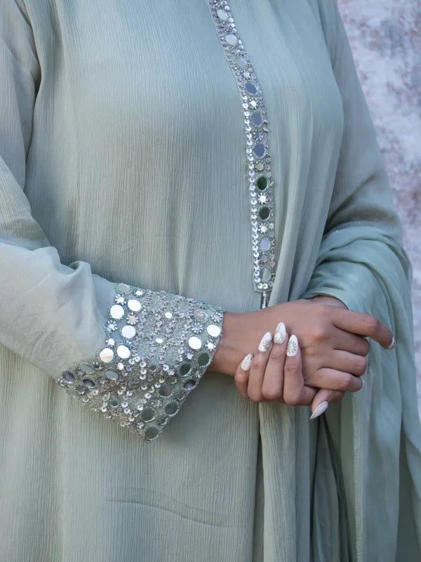SAGE GREEN MIRROR EMBELLISHED CHINNON SILK A-LINE KURTA SET WITH PANTS & DUPATTA