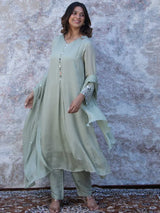 SAGE GREEN MIRROR EMBELLISHED CHINNON SILK A-LINE KURTA SET WITH PANTS & DUPATTA