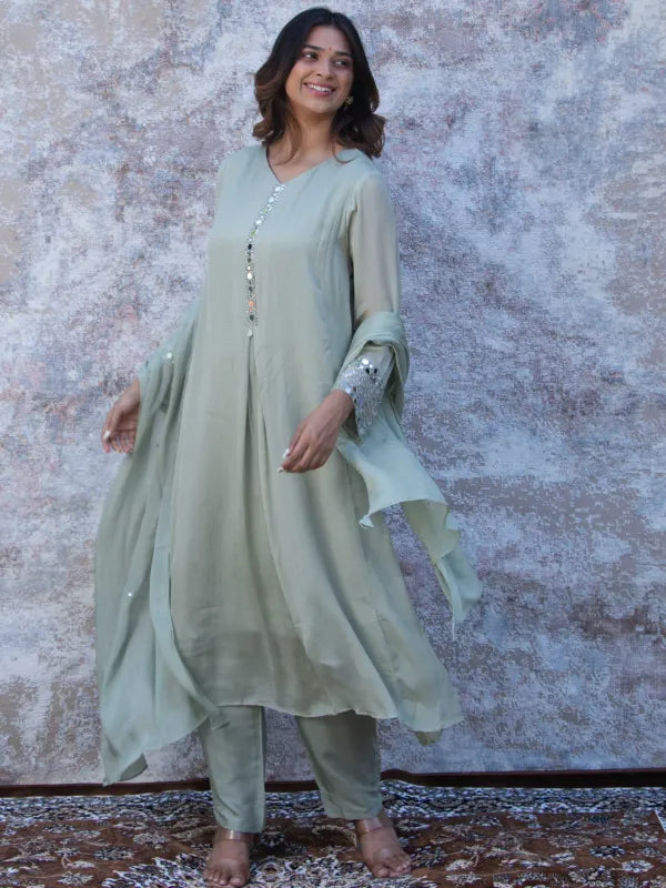 SAGE GREEN MIRROR EMBELLISHED CHINNON SILK A-LINE KURTA SET WITH PANTS & DUPATTA