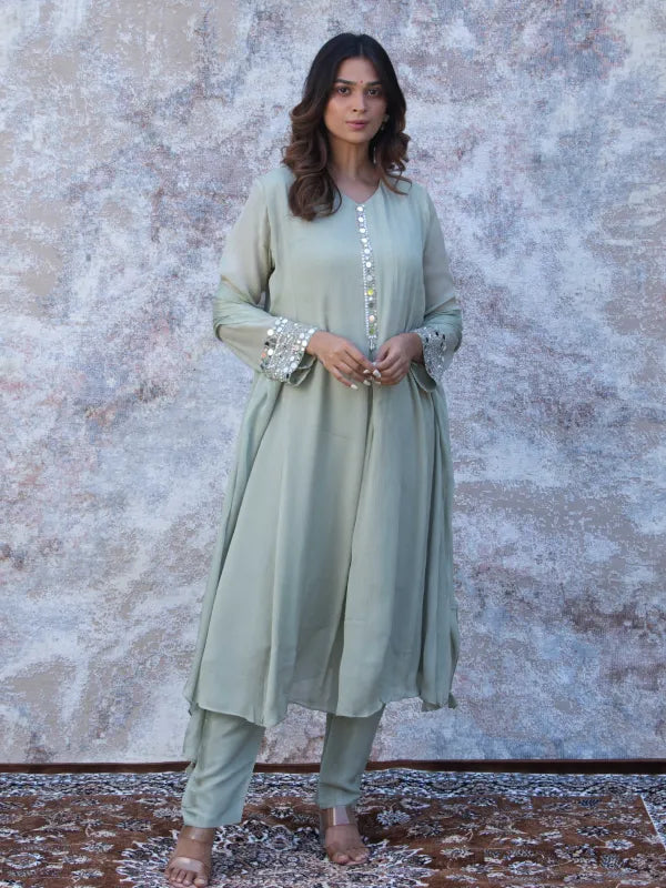 SAGE GREEN MIRROR EMBELLISHED CHINNON SILK A-LINE KURTA SET WITH PANTS & DUPATTA