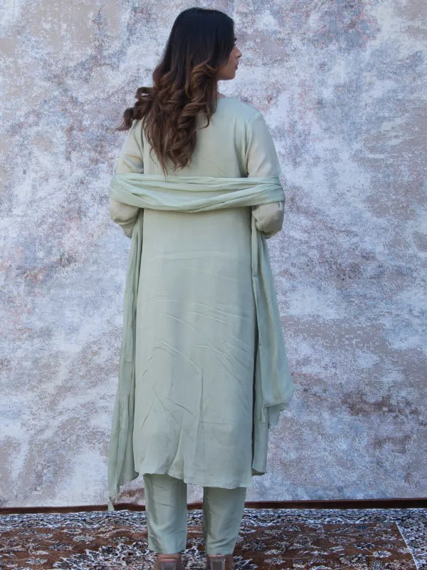 SAGE GREEN MIRROR EMBELLISHED CHINNON SILK A-LINE KURTA SET WITH PANTS & DUPATTA