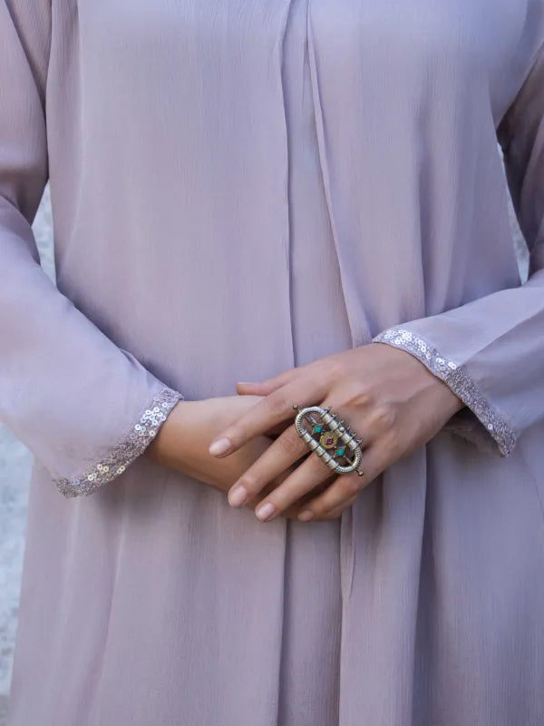 LAVENDER GREY EMBELLISHED CHINNON SILK KURTA SET
