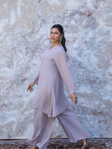 LAVENDER GREY EMBELLISHED CHINNON SILK KURTA SET
