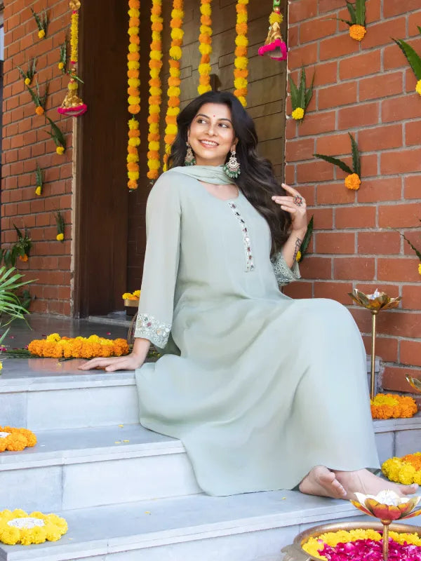 SAGE MIST – CHINNON SILK ANARKALI SUIT WITH MIRROR WORK