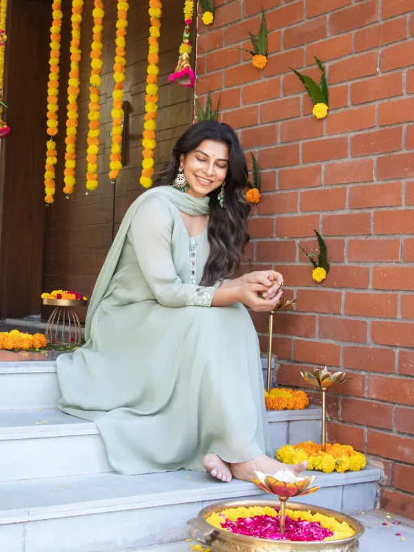 SAGE MIST – CHINNON SILK ANARKALI SUIT WITH MIRROR WORK