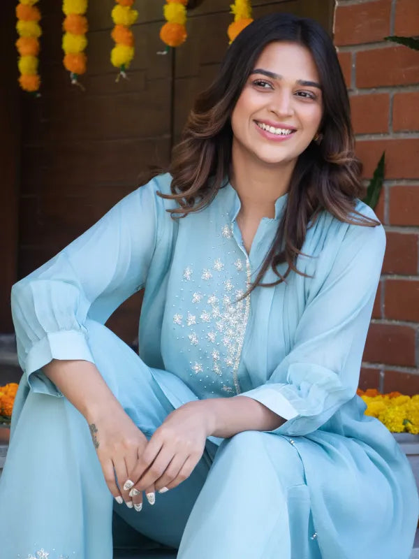 SKY BLUE FLORAL EMBROIDERED CHINNON SILK CO-ORD SET