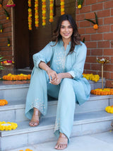SKY BLUE FLORAL EMBROIDERED CHINNON SILK CO-ORD SET