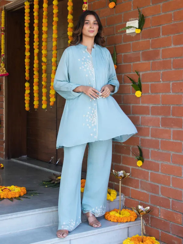 SKY BLUE FLORAL EMBROIDERED CHINNON SILK CO-ORD SET