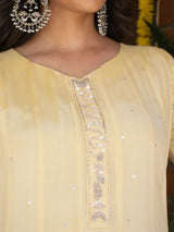 BUTTERCREAM YELLOW CHINNON SILK EMBROIDERED ANARKALI SUIT SET WITH PANT & DUPATTA