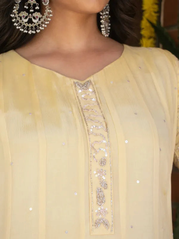BUTTERCREAM YELLOW CHINNON SILK EMBROIDERED ANARKALI SUIT SET WITH PANT & DUPATTA