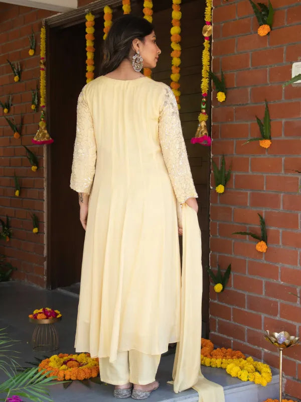 BUTTERCREAM YELLOW CHINNON SILK EMBROIDERED ANARKALI SUIT SET WITH PANT & DUPATTA