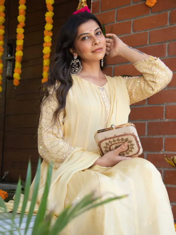 BUTTERCREAM YELLOW CHINNON SILK EMBROIDERED ANARKALI SUIT SET WITH PANT & DUPATTA