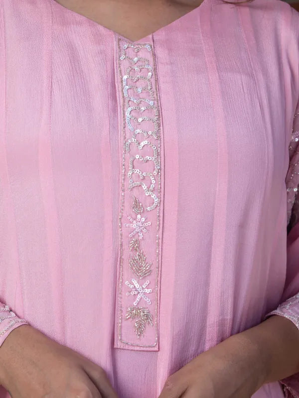 BABY PINK MIRROR WORK A-LINE KURTA SET
