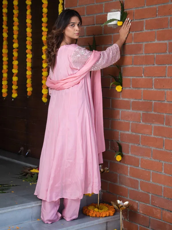 ROSE BLUSH – CHINNON SILK ANARKALI SUIT SET WITH PANT & DUPATTA