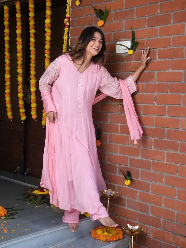 BABY PINK MIRROR WORK A-LINE KURTA SET