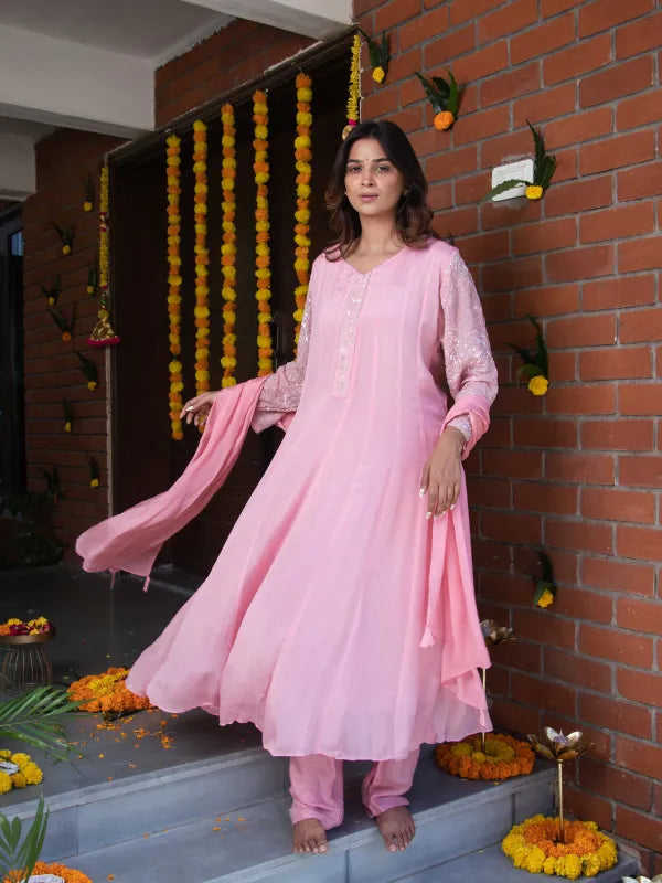 ROSE BLUSH – CHINNON SILK ANARKALI SUIT SET WITH PANT & DUPATTA