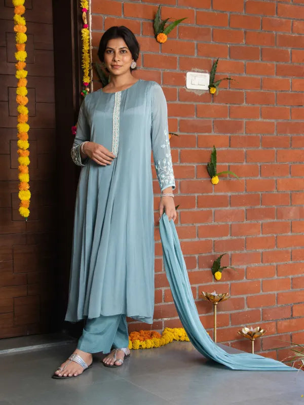 BLUE MIST – CHINNON SILK ANARKALI SUIT SET WITH PANT & DUPATTA