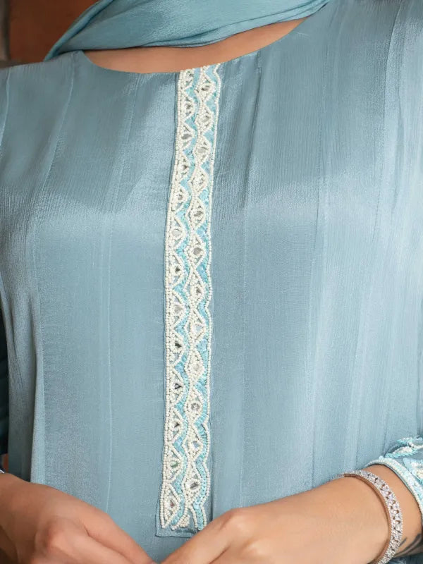 BLUE MIST – CHINNON SILK ANARKALI SUIT SET WITH PANT & DUPATTA