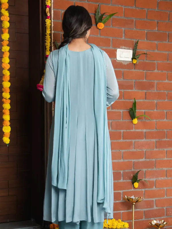 BLUE MIST – CHINNON SILK ANARKALI SUIT SET WITH PANT & DUPATTA