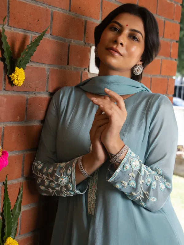 BLUE MIST – CHINNON SILK ANARKALI SUIT SET WITH PANT & DUPATTA