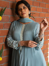 BLUE MIST – CHINNON SILK ANARKALI SUIT SET WITH PANT & DUPATTA