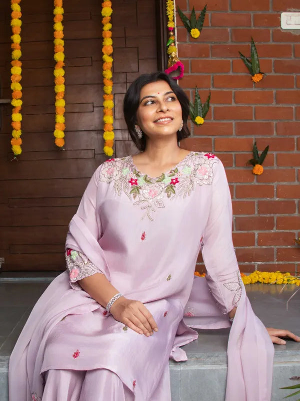 BLUSH BLOOM – DOLA SILK EMBROIDERED STRAIGHT SUIT SET WITH PALAZZO & ORGANZA DUPATTA