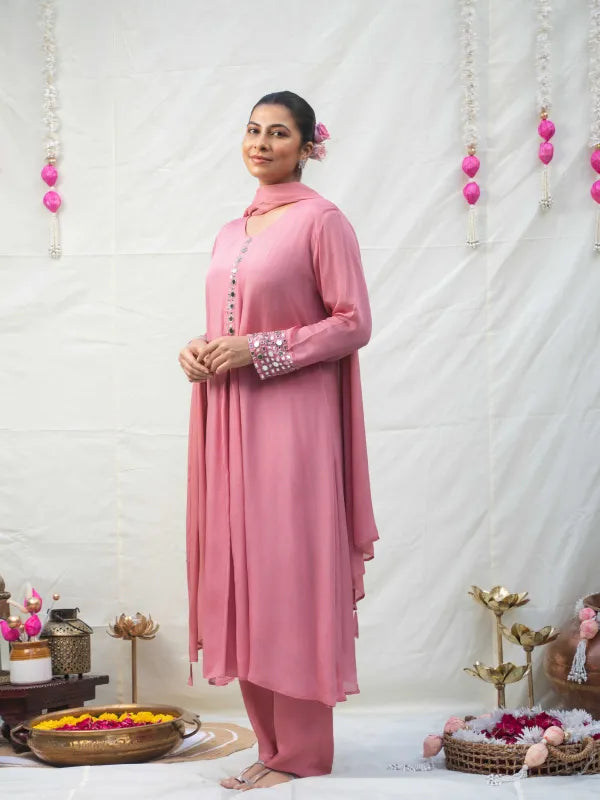 BLUSH PINK MIRROR EMBELLISHED ANARKALI KURTA SET