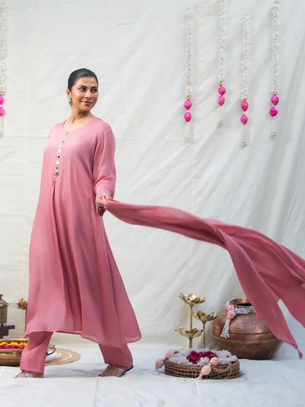 BLUSH PINK MIRROR EMBELLISHED ANARKALI KURTA SET
