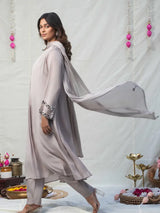 SILVER GREY MIRROR EMBELLISHED A-LINE KURTA SET WITH PANT & DUPATTA
