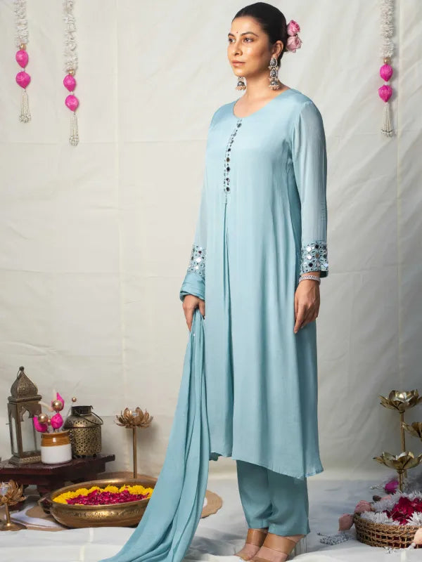 SKY BLUE MIRROR WORK ANARKALI SET