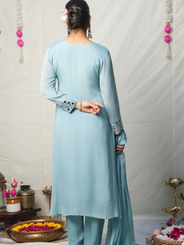 SKY BLUE MIRROR WORK ANARKALI SET