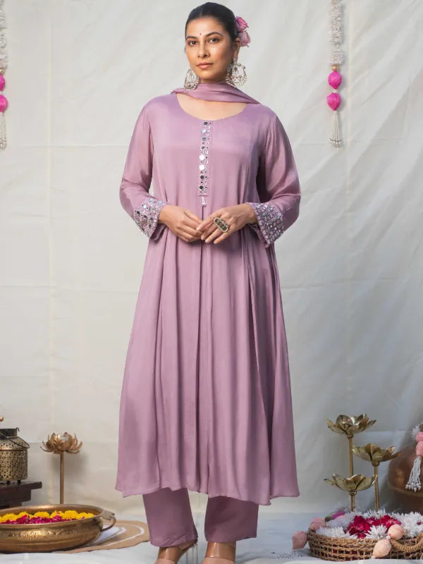 LAVENDER MIRROR – CHINNON SILK ANARKALI SET