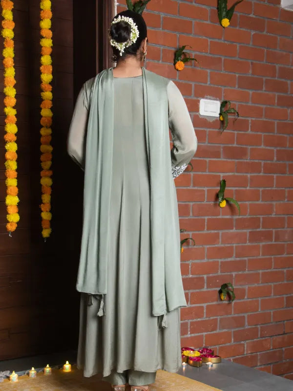OLIVE GRACE – CHINNON SILK ANARKALI SUIT WITH PANT & DUPATTA