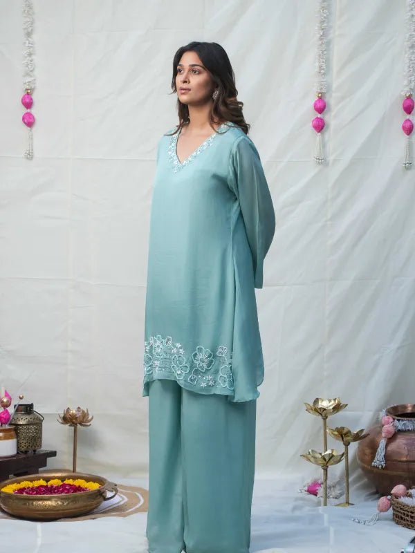 AAROHA – AQUA MINT EMBROIDERED CHINNON SILK KURTA SET