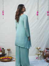AAROHA – AQUA MINT EMBROIDERED CHINNON SILK KURTA SET