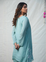 AAROHA – AQUA MINT EMBROIDERED CHINNON SILK KURTA SET