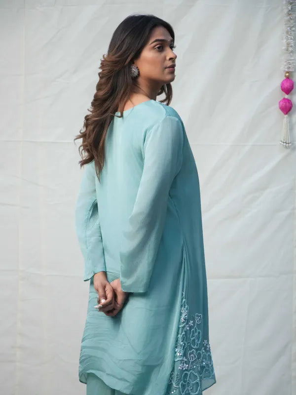 AAROHA – AQUA MINT EMBROIDERED CHINNON SILK KURTA SET