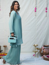 AAROHA – AQUA MINT EMBROIDERED CHINNON SILK KURTA SET
