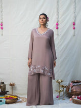MAUVE CHINNON SILK KURTA SET WITH FLORAL EMBROIDERY