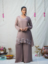 MAUVE CHINNON SILK KURTA SET WITH FLORAL EMBROIDERY