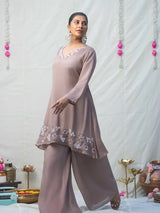 MAUVE CHINNON SILK KURTA SET WITH FLORAL EMBROIDERY