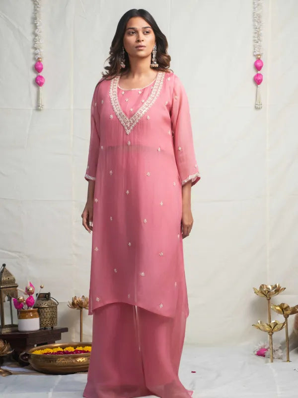 ROSE PINK PEARL EMBELLISHED DOLA SILK KURTA SET