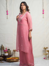 ROSE PINK PEARL EMBELLISHED DOLA SILK KURTA SET