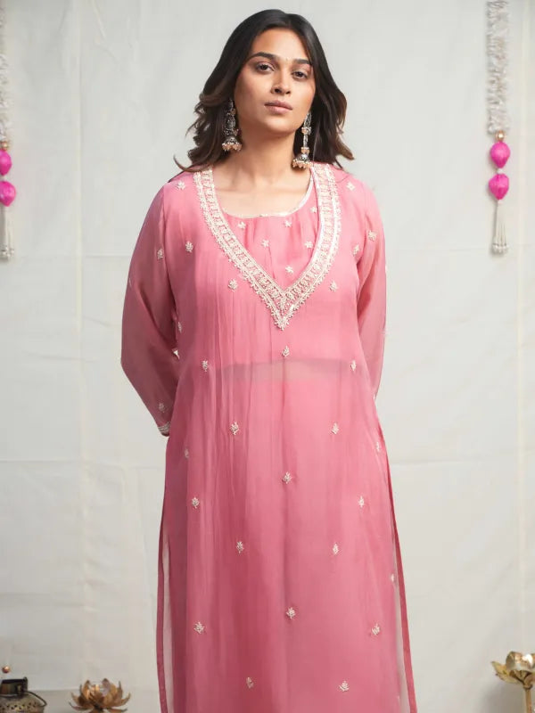 ROSE PINK PEARL EMBELLISHED DOLA SILK KURTA SET