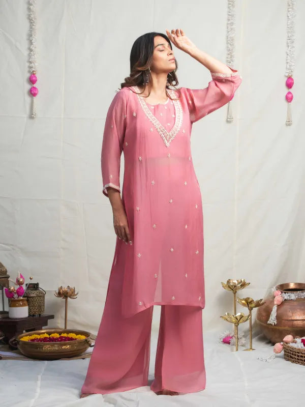ROSE PINK PEARL EMBELLISHED DOLA SILK KURTA SET