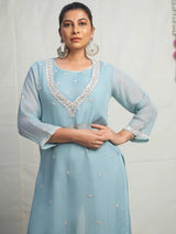 SKY BLUE PEARL EMBELLISHED ORGANZA KURTA SET