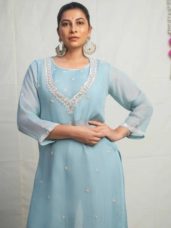 SKY BLUE PEARL EMBELLISHED ORGANZA KURTA SET